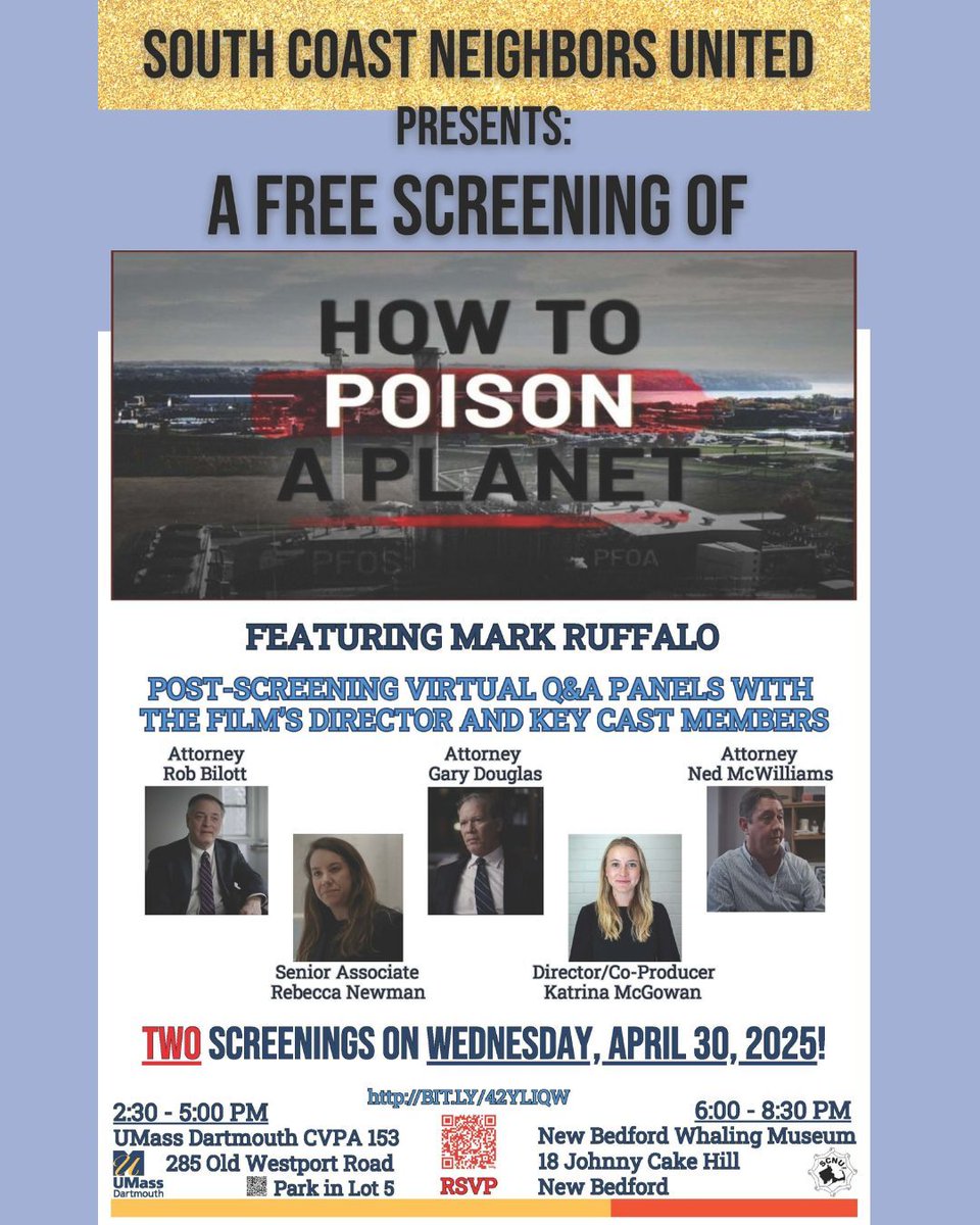 Just Zero (@justzeroorg) on Twitter photo 🎬 How to Poison a Planet – FREE screening + virtual Q&A w/ Director & key cast, incl. Mark Ruffalo & Rob Bilott.
📅 Wed, April 30
🕝 2:30PM @ UMass Dartmouth,
🕕 6PM @ New Bedford Whaling Museum
<a href="/UMassD/">UMass Dartmouth</a> #PFAS 🎬 How to Poison a Planet – FREE screening + virtual Q&A w/ Director & key cast, incl. Mark Ruffalo & Rob Bilott.
📅 Wed, April 30
🕝 2:30PM @ UMass Dartmouth,
🕕 6PM @ New Bedford Whaling Museum
<a href="/UMassD/">UMass Dartmouth</a> #PFAS