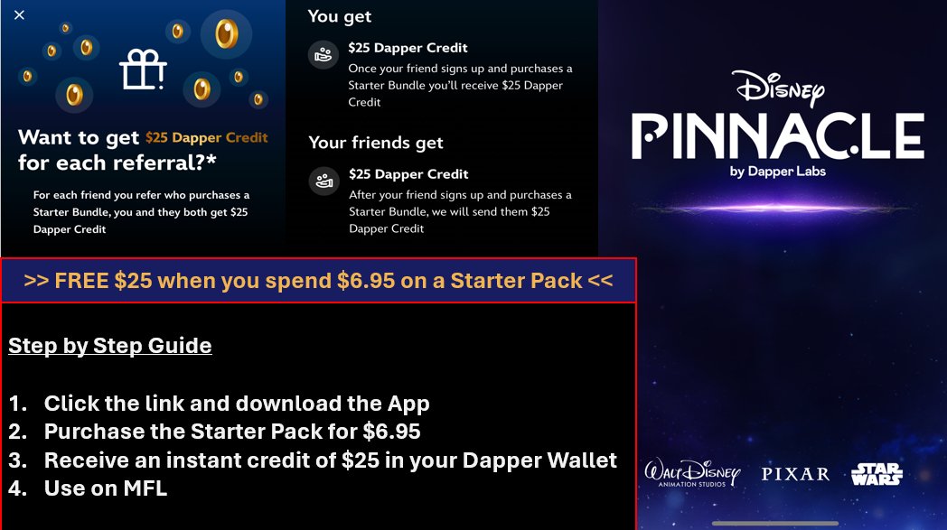 Final call, tomorrow is the last day to claim your FREE $18 through <a href="/dapperlabs/">Dapper Labs</a> and the Disney collaboration.  A no brainer if you play <a href="/playMFL/">MFL</a> #playMFL 

👉Buy a $7 pack and receive $25 immediately      

Claim here 👇
disneypinnacle.sng.link/Are29/ml96e?_d…