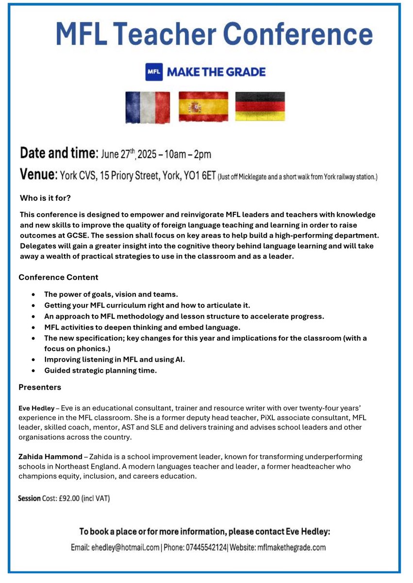 ✨ New GCSE spec? ✅ Phonics? ✅ Curriculum vision? ✅ AI? ✅
We’re covering it all at the MFL Teacher Conference in York – 27 June.
With speakers Eve Hedley &amp; Zahida Hammond, it’s CPD you won’t want to miss! 
#MFLChat #Leadership #EduEvents