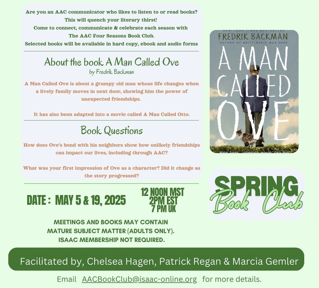 ISAAC_AAC's tweet image. Join us for an AAC Four Seasons Book Club PWUAAC Online Chat on Monday, May 5 at 2PM EST! 📚

This chat will review A Man Called Ove by Fredrik Backman! 

Join the chat here: meet.google.com/zor-vyxd-adm

#AAC #AugComm #AugmentativeAndAlternativeCommunication #PWUAAC