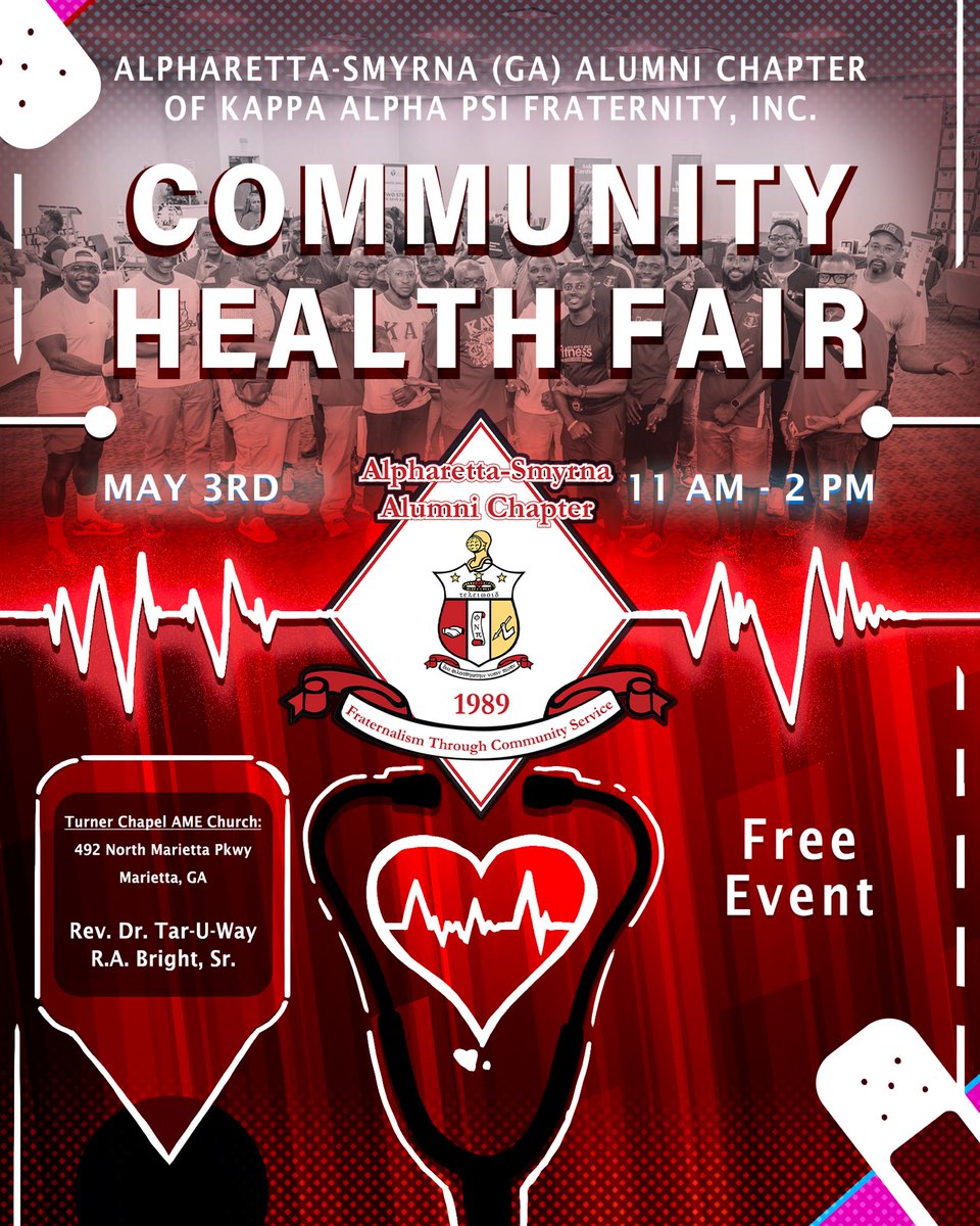 ASANUPES's tweet photo. Join us at Turner Chapel AME Church
•
📆May 3rd
⏰11AM-2PM
•
Registration 🔗 https://t.co/Gjo7Xuz7S9
•
Free health screenings, workout classes, wellness information, fun activities for the whole family and a chance to connect with local healthcare professionals. https://t.co/9dYH3VbOk3
