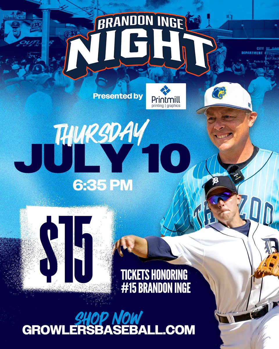 Mark your calendars as 'BUSY' for Thursday, July 10 because you'll be at Brandon Inge Night presented by Printmill 🐯

We're honoring Detroit Tigers legend, Brandon Inge, with $15 tickets (like his jersey number).

‼️ There are less than 80 box seats left in the ballpark for this