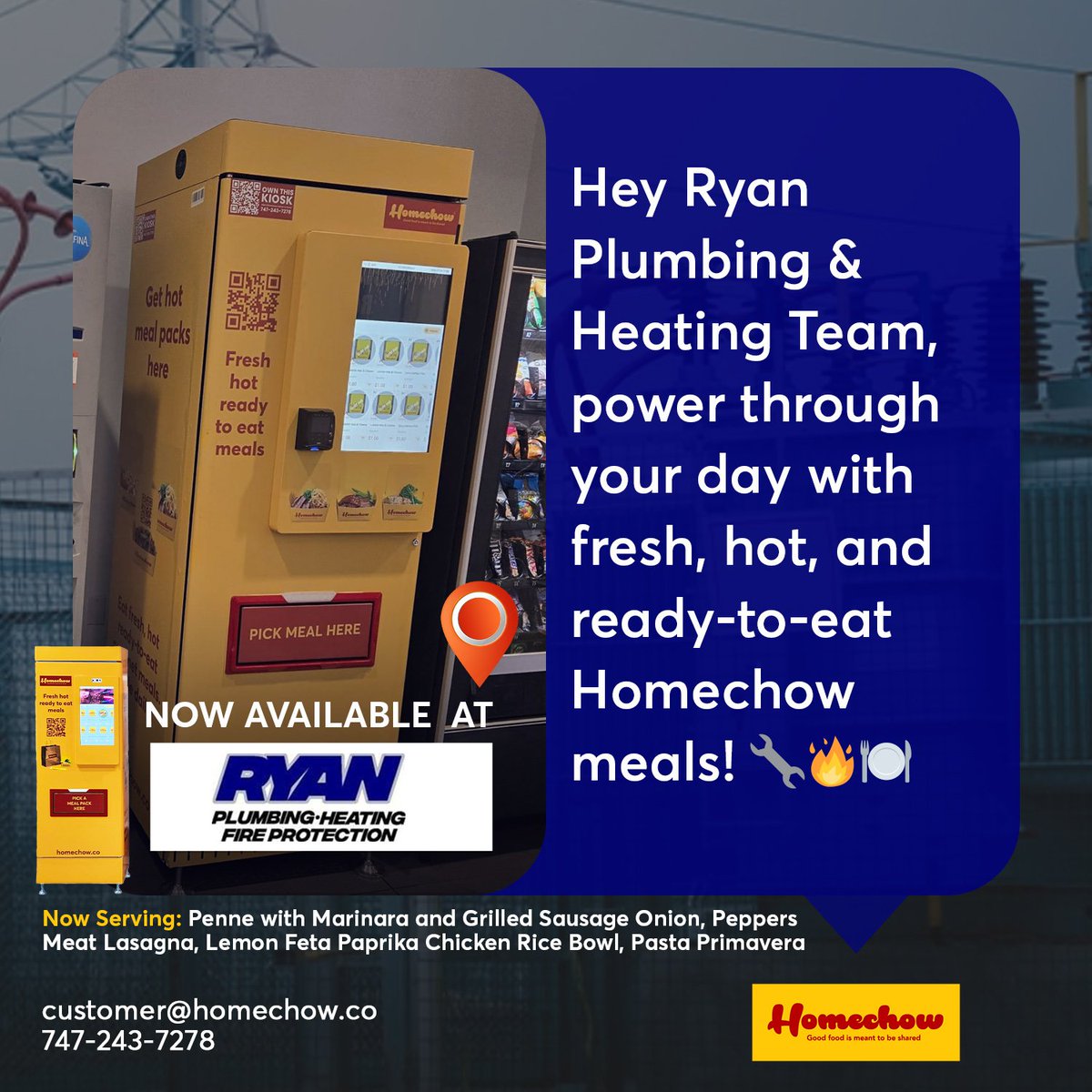 HomechowCo's tweet image. Big news for Ryan Plumbing &amp;amp; Heating!
Our Homechow kiosk is now live  serving up fresh, hot meals right on-site.
No lines. No delivery wait. Just real food, ready when you are.

#Homechow #GetHomechowNow #SmartKiosk #HotMeals #FuelYourDay