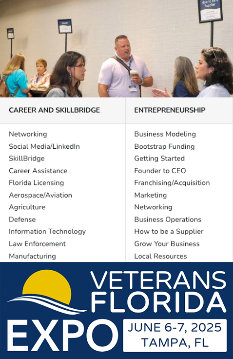 VetsFL's tweet image. Veterans FL Expo 2025 Feature: Table Topics
We are skipping typical speaker panels, and getting you straight to the good stuff. Experts from all over Florida are hosting Table Topics to answer your questions, one-on-one, across a wide range of subjects. veteransflorida.org/expo