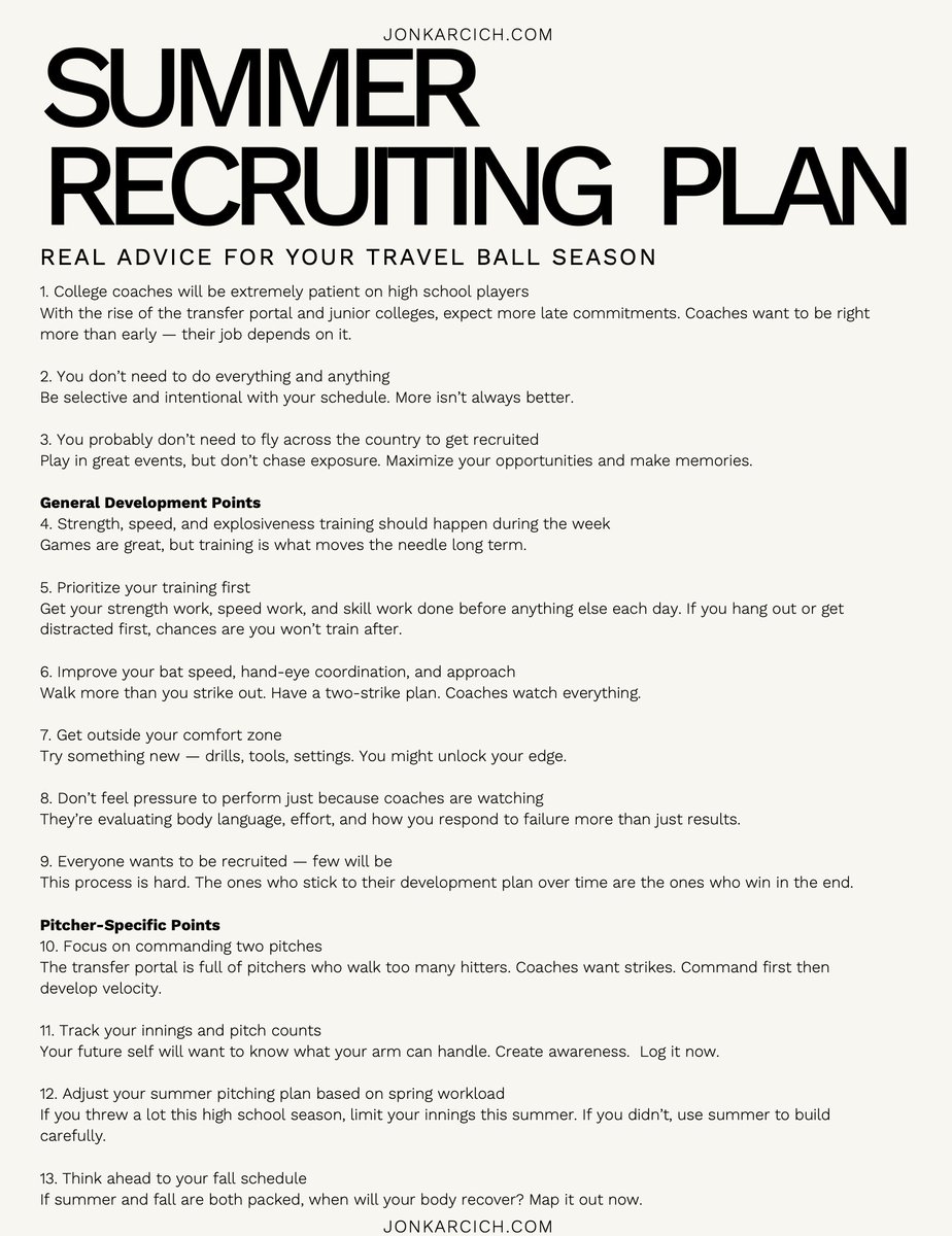 Summer Recruiting Plan 🔥
This is the #1 question I’m getting right now:

“What should we be doing this summer to get recruited?”

So I broke it all down — in one simple PDF.

- Development priorities
- Pitcher-specific plans
- What college coaches are really thinking

Parents,
