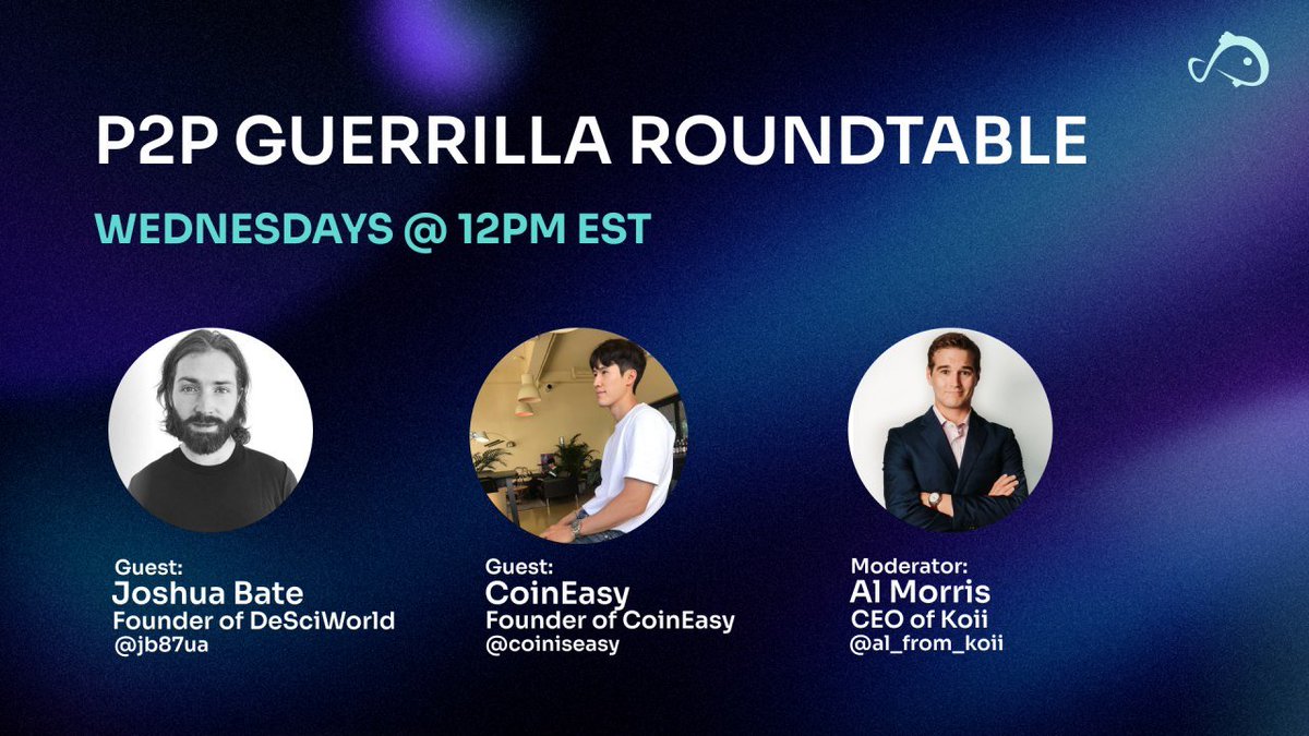 ⚡️ P2P 게릴라 라운드테이블 ⚡️

탈중앙화 웹과 자유 기술을 위한 주간 X 스페이스!
🗓 매주 수요일 12PM ET / 4PM UTC

🎙 이번 주 게스트:
• <a href="/jb87ua/">Joshua</a> – DeSciWorld &amp; BotfunApp 창립자
• <a href="/coiniseasy/">CoinEasy | Web3 Simplified</a> 창립자

📌 주제: 온보딩, 에이전트 생성, 오픈 리서치 인프라
🔗알림: x.com/i/spaces/1OdJr…