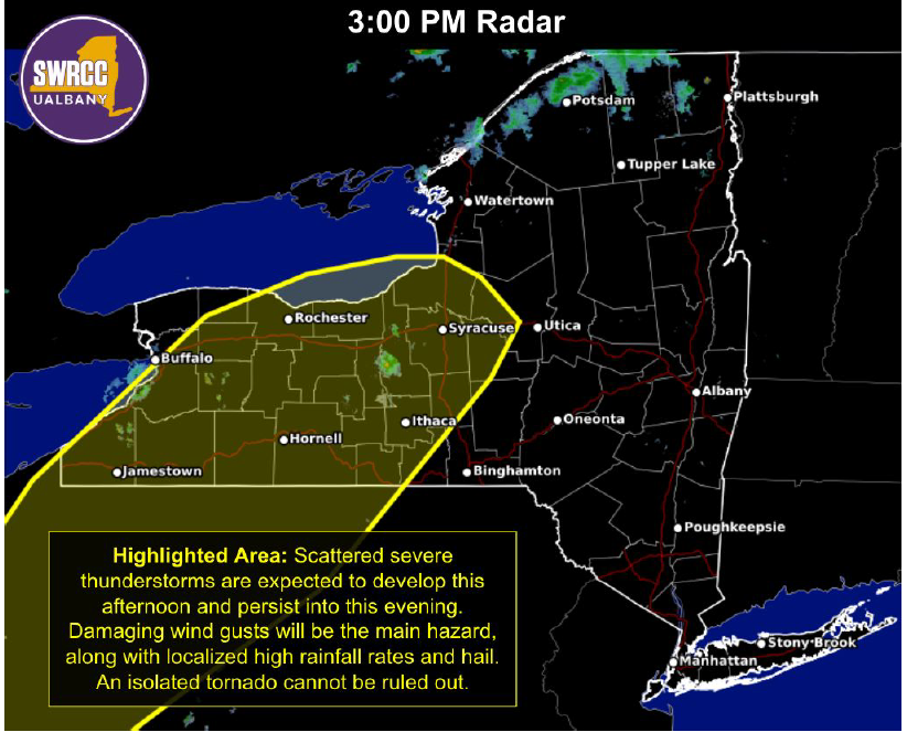 NYSDHSES's tweet photo. Strong to severe thunderstorms are beginning to develop over portions of Western NY. Storms will continue moving northeast and become more widespread.

Heavy rain and gusty winds may make travel hazardous, affecting evening commutes. Scattered power outages are likely. https://t.co/LIRuJe8Sqb