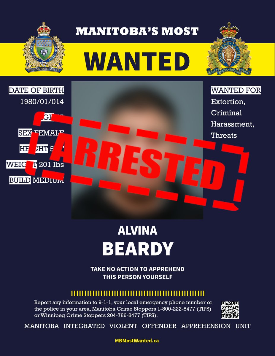 wpgpolice's tweet photo. #MBMostWanted Update – Aaron HOULE and Alvina BEARDY have been arrested.
A big thank you to the public and media for your crucial support in helping us bring violent offenders into custody.
You can see the remaining list of Manitoba’s Most Wanted here: https://t.co/jV2CvCZpjZ https://t.co/XOHYi4aIAC