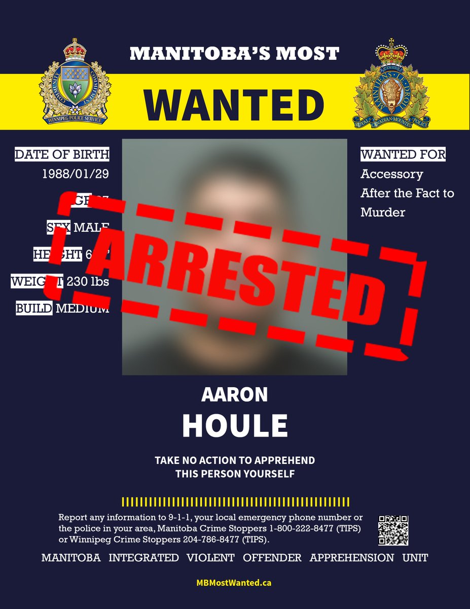 wpgpolice's tweet photo. #MBMostWanted Update – Aaron HOULE and Alvina BEARDY have been arrested.
A big thank you to the public and media for your crucial support in helping us bring violent offenders into custody.
You can see the remaining list of Manitoba’s Most Wanted here: https://t.co/jV2CvCZpjZ https://t.co/XOHYi4aIAC