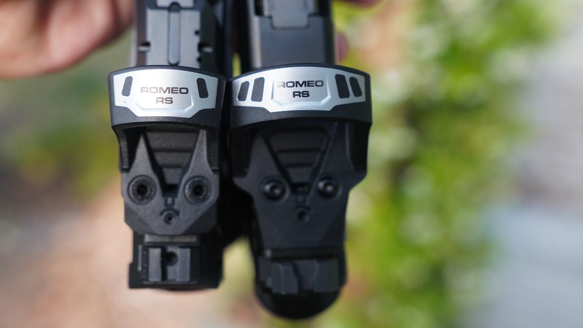 Mrgunsngear's tweet image. Size comparison of the new American made steel reinforced Sig Sauer Romeo RS Compact (RMSc footprint) vs. the Romeo RS Pro (DeltaPoint footprint) 🔴

Mounted on: 
Canik METE Prime (left)
Glock 45 MOS (right)

#RedDot #optics #SigSauer #Canik #Glock #steel