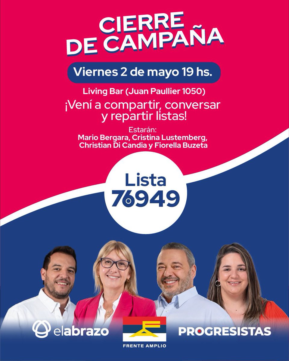 ¡Cerramos la campaña como más nos gusta: con la gente!✌🏼

Te esperamos en Living Bar (Juan Paullier 1050) nos acompañan Mario, Christian, Cristina y Fiorella para compartir, conversar y bailar.🥳

Vamos por un Montevideo más progresista con la 76949🔴🔵⚪️