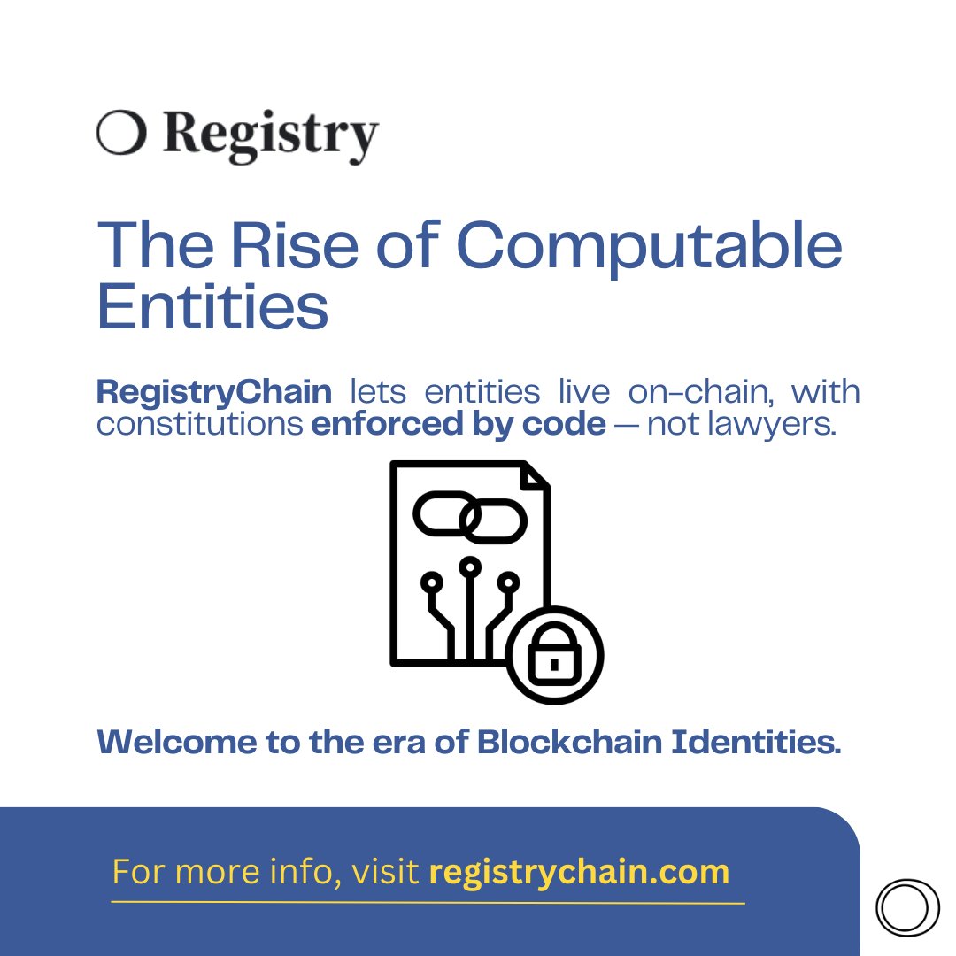 RegistryChain's tweet photo. Any entity with real-world impact can now live on-chain — governed not by paperwork, but by code. RegistryChain makes it possible.

#Web3 #SmartContracts #LegalTech #OnChain #BlockChain https://t.co/SZNWh6cbH7