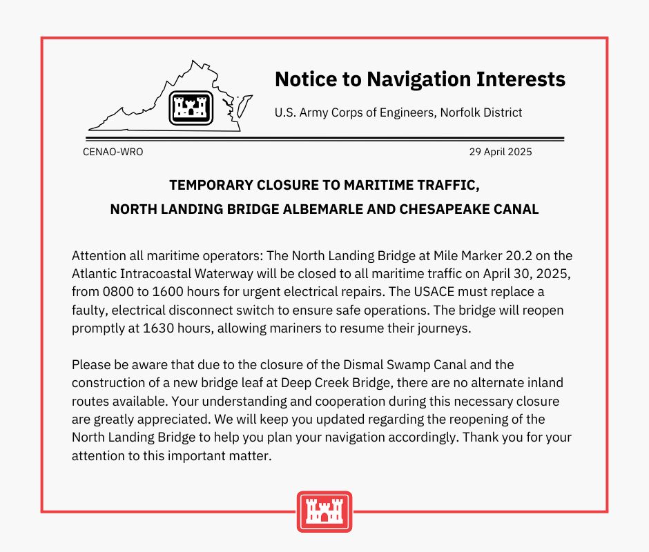 *NOTICE TO NAVIGATION INTERESTS*
The North Landing Bridge will be closed to all maritime traffic on April 30 from 8 am to 4 pm.
For more information about the Atlantic Intracoastal Waterway visit: nao.usace.army.mil/AIWW/