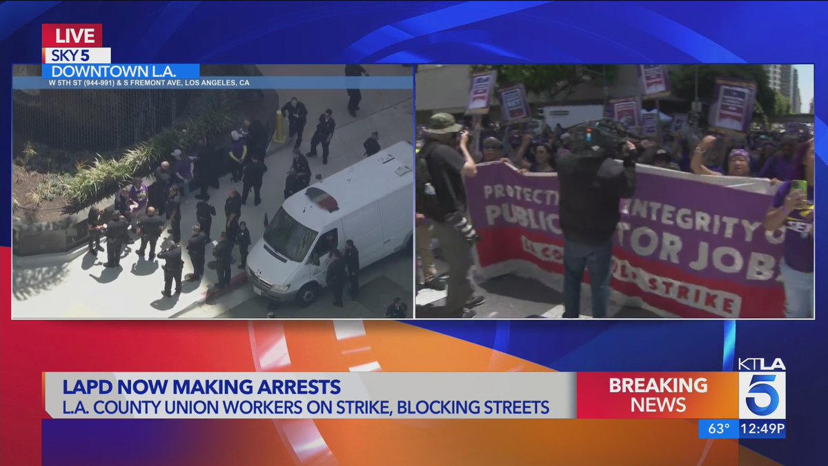 #BREAKING: Tens of thousands of union workers are marching through downtown Los Angeles. LAPD issued a dispersal order and have taken several people into custody. Live coverage: ktla.com/on-air/live-st…