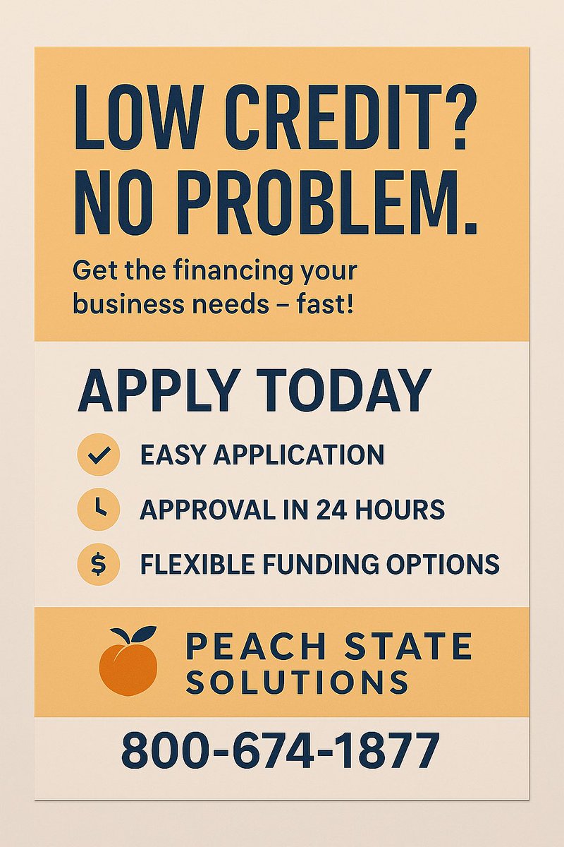 PeachStateSoln's tweet image. Got low credit? We’ve got funding.
✅ Easy Application
⏱️ 24-Hour Approval
💸 Flexible Options
📞 800-674-1877
🔗peachstatesolutions.com/application
Peach State Solutions – Fast business financing with no judgment.
#StockMarket #LowCreditOK #FundingFast #TrumpTariffs #SmallBusiness