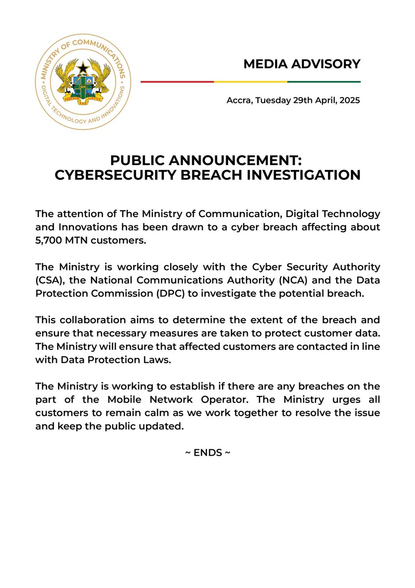 Sam 'Dzata' George π¦π¬π (@samgeorgegh) on Twitter photo The <a href="/mocghana/">Ministry of Comms</a> would ensure that this is investigated thoroughly and would keep the public duly informed. π¦π¬π The <a href="/mocghana/">Ministry of Comms</a> would ensure that this is investigated thoroughly and would keep the public duly informed. π¦π¬π