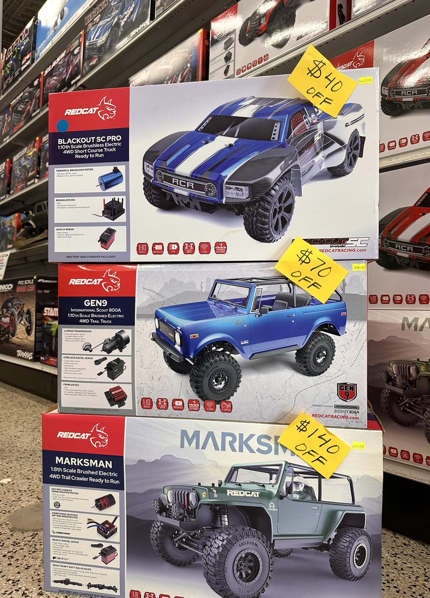 Shop and save! 
Select Redcat cars now on sale. 
🔥Blackout SC Pro
Was $269.99 NOW $229.99
🔥Gen9 Scout
Was $399.99 NOW $329.99
🔥Marksman 
Was $439.99 NOW $299.99