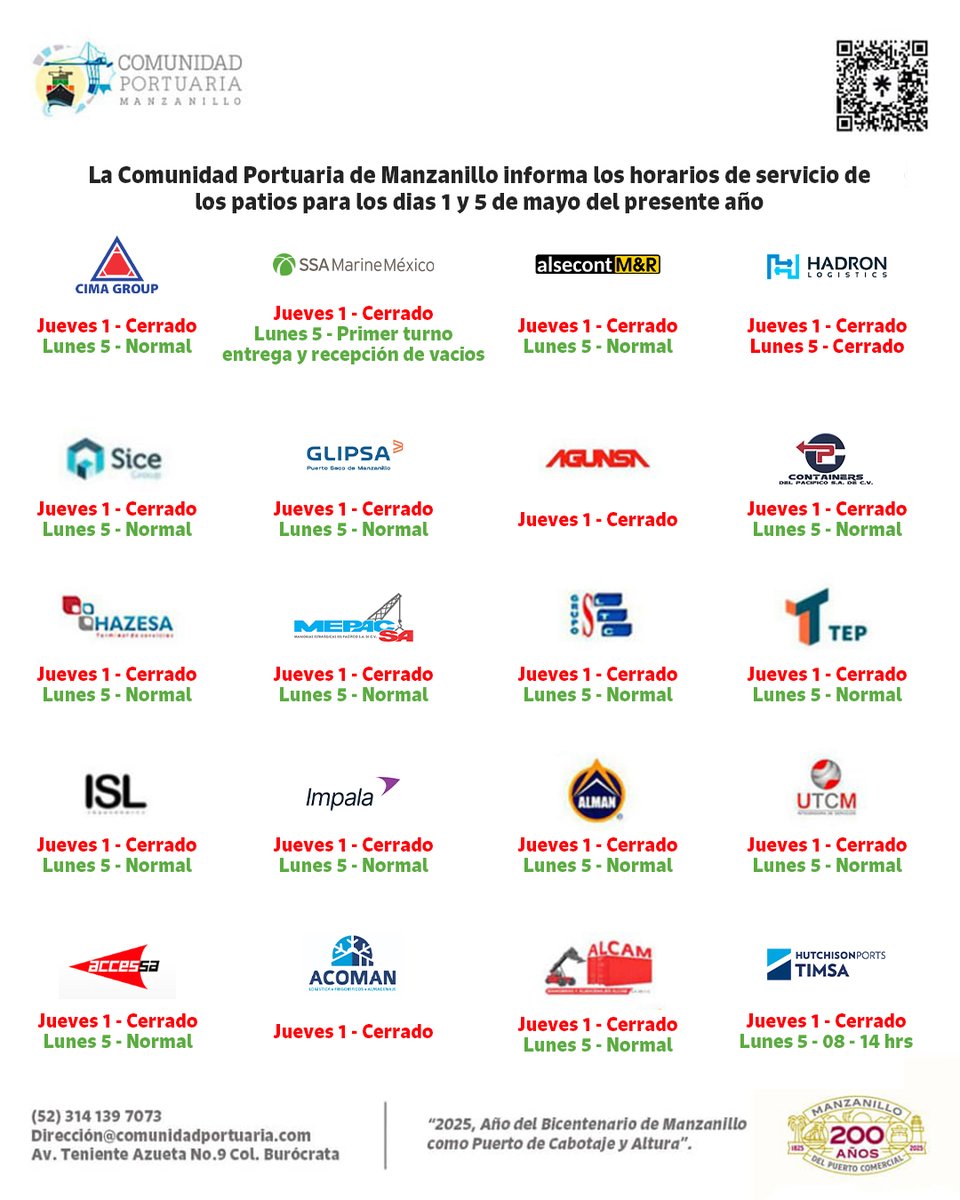 La Comunidad Portuaria de Manzanillo informa los horarios de servicio de los patios para los días 1 y 5 de mayo del presente año