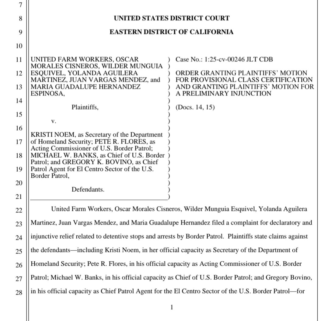 UFWupdates's tweet photo. A federal district court has barred Border Patrol’s unlawful practices in UFW v Noem-filed after chaotic raids targeted farmworkers including our union members.
The preliminary injunction applies to future Border Patrol operations in CA’s Eastern District.
https://t.co/IsReH0bO1q https://t.co/7Ny6ooIKMI