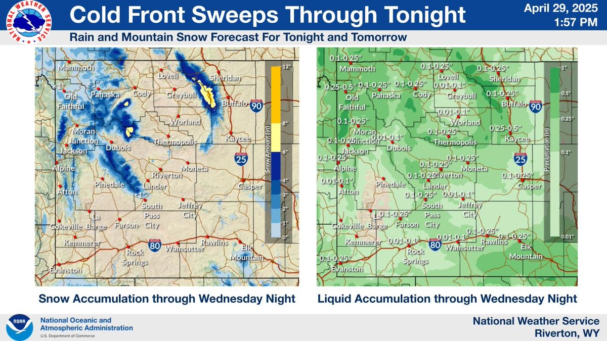 NWS Riverton (@nwsriverton) on Twitter photo 4/29/25 PM: A fast-moving cold front will sweep across the state tonight and tomorrow, bringing another round of precipitation. Lower elevations will see mainly rainfall, with mountain snow generally above 9000 feet elevation. Most precipitation should be finished by sunset. 4/29/25 PM: A fast-moving cold front will sweep across the state tonight and tomorrow, bringing another round of precipitation. Lower elevations will see mainly rainfall, with mountain snow generally above 9000 feet elevation. Most precipitation should be finished by sunset.
