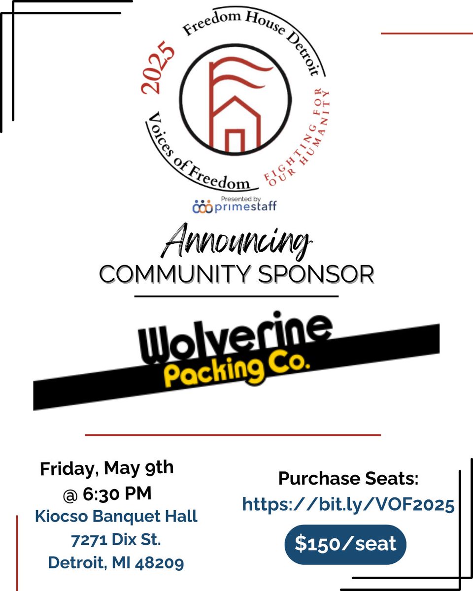 We're proud to welcome @wolverinepackingco as a Voices of Freedom Community Sponsor! Thank you for supporting refugees and building a more inclusive Detroit. 

Want to sponsor? Email lnestor@freedomhousedetroit.org.

#VOF25 #CommunitySponsor #WolverinePackingCo