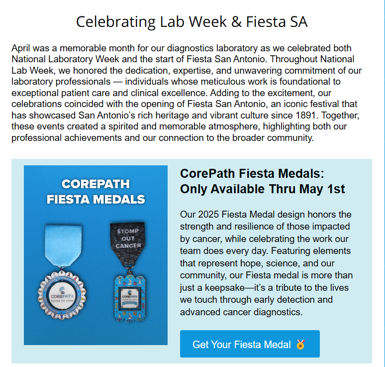 CorePath's tweet image. Our latest Client eNewsletter is out now! View now at: 
bit.ly/42ARbU1

#ASCPLabWeek25  #MedicalLabWeek #Laboratory #Pathology #MedicalProfessionals #MysteryMachineofDiagnostics #Diagnostics #FIESTA #FiestaMedals #VivaFiesta #FiestaSanAntonio #VivaSA #LabLife #SATX