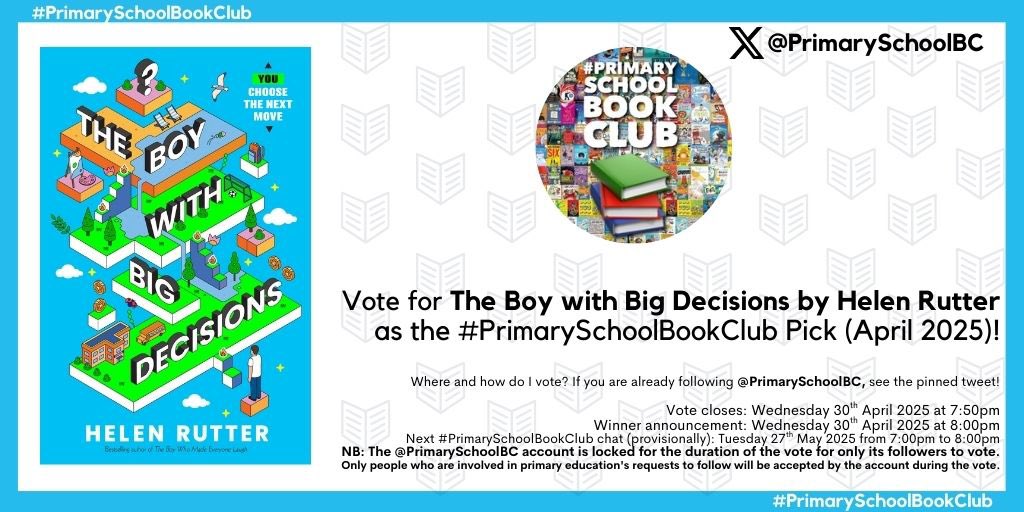 Helen Rutter (@helenrutteruk) on Twitter photo Vote for me! 🤞I'm thrilled that The Boy With Big Decisions has been included in the #PrimarySchoolBookClub April 2025 vote this evening. 🥳Head to <a href="/PrimarySchoolBC/">#PrimarySchoolBookClub</a> and vote for it using the pinned tweet!🥰 Vote for me! 🤞I'm thrilled that The Boy With Big Decisions has been included in the #PrimarySchoolBookClub April 2025 vote this evening. 🥳Head to <a href="/PrimarySchoolBC/">#PrimarySchoolBookClub</a> and vote for it using the pinned tweet!🥰