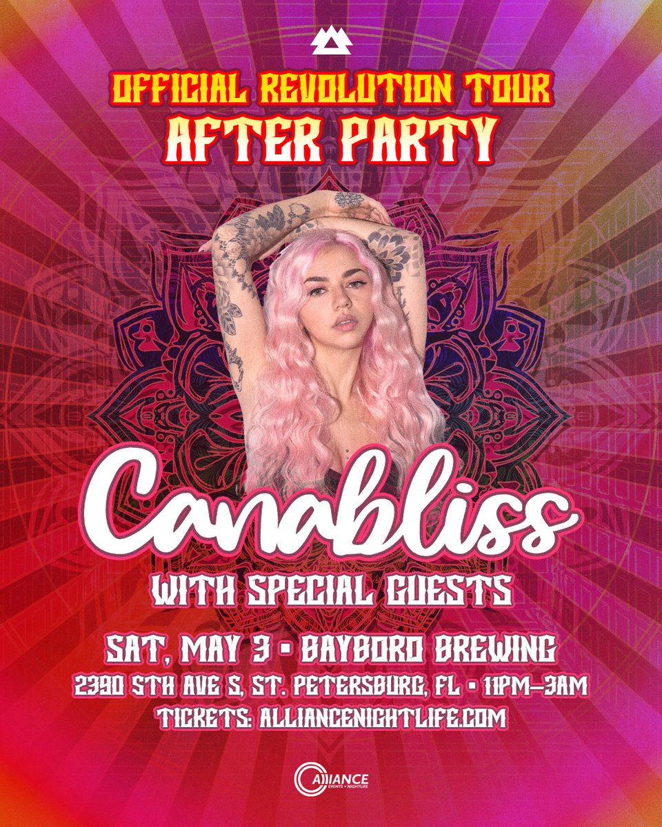 ALLIANCE™ (@alliance_events) on Twitter photo 📢 ANNOUNCEMENT: We're hosting the OFFICIAL after party following <a href="/LiquidStranger/">Liquid Stranger</a>'s Revolution Tour stop at Baycare Sound this Saturday!
Head over late night to catch @Canablisss & more secret surprises ✨
Main event - doors open: 4:30pm
After party - doors open: 11:00pm 📢 ANNOUNCEMENT: We're hosting the OFFICIAL after party following <a href="/LiquidStranger/">Liquid Stranger</a>'s Revolution Tour stop at Baycare Sound this Saturday!
Head over late night to catch @Canablisss & more secret surprises ✨
Main event - doors open: 4:30pm
After party - doors open: 11:00pm