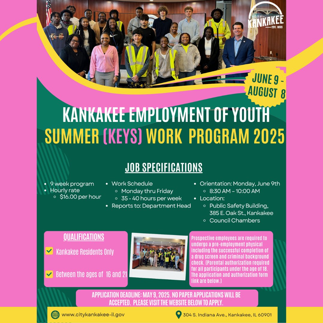 CityKankakee's tweet image. 🌞 Oportunidad de trabajo de verano para jóvenes de Kankakee! 💼
¿Tienes entre 16 y 21 años y vives en Kankakee?

🔗 Solicite aquí: citykankakee-il.gov/application-fo…

#KankakeeYouth #SummerJobs #KEYSProgram #KankakeeOpportunities #WorkReady #YouthEmpowerment