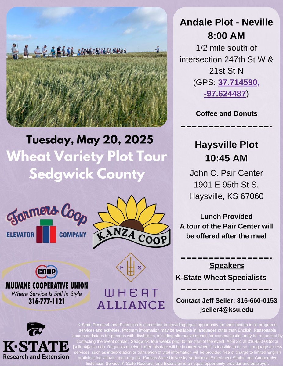 The Sedgwick County Wheat Plot Tour is set for Tuesday, May 20th! Wheat Specialists will discuss agronomics and disease issues to help aid in your variety selection for next year.