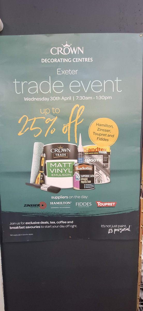 We are hosting a Trade Day tomorrow. 7.30am - 1.30pm. Come on down for 25% off!! We are in Marsh Barton Exeter. #exeter #trade #exeterdiy #exetertrade #brewers #crownpaints #paint #decorating