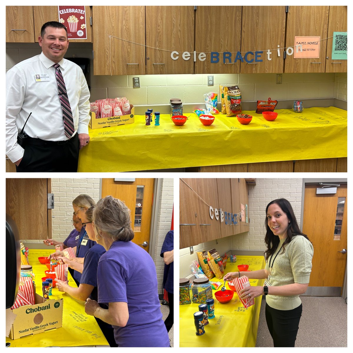 Staff Appreciation week continues with a popcorn bar to celebrate Mr. Lyons getting his braces off! Also, thanks to Courtesy Committee for the bagels!