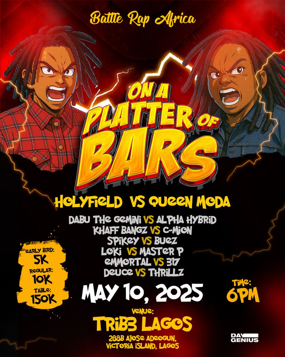 QueenModa1's tweet photo. May 10, we go to work!
It's been a long time coming.
#HolyField vs @QueenModa1
This will be one for the books💯💯
#DMforTickets🎟️
@BattleRapAfrica @WotsRapleague @LyricalWarsGh @HOAS1984 @OGSpaces_ @PremierBattle @daygenius @officialiwin @DocQtorr @chukaobi @RaezyWinston https://t.co/N1MZ0uTV4W