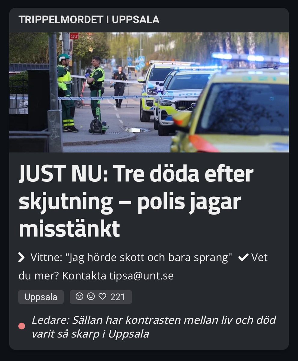 Sällan har kontrasten mellan liv och död varit så skarp i Uppsala. 

UNT:s ledare med anledning av skjutningen i centrala Uppsala:
unt.se/ledare/artikel…