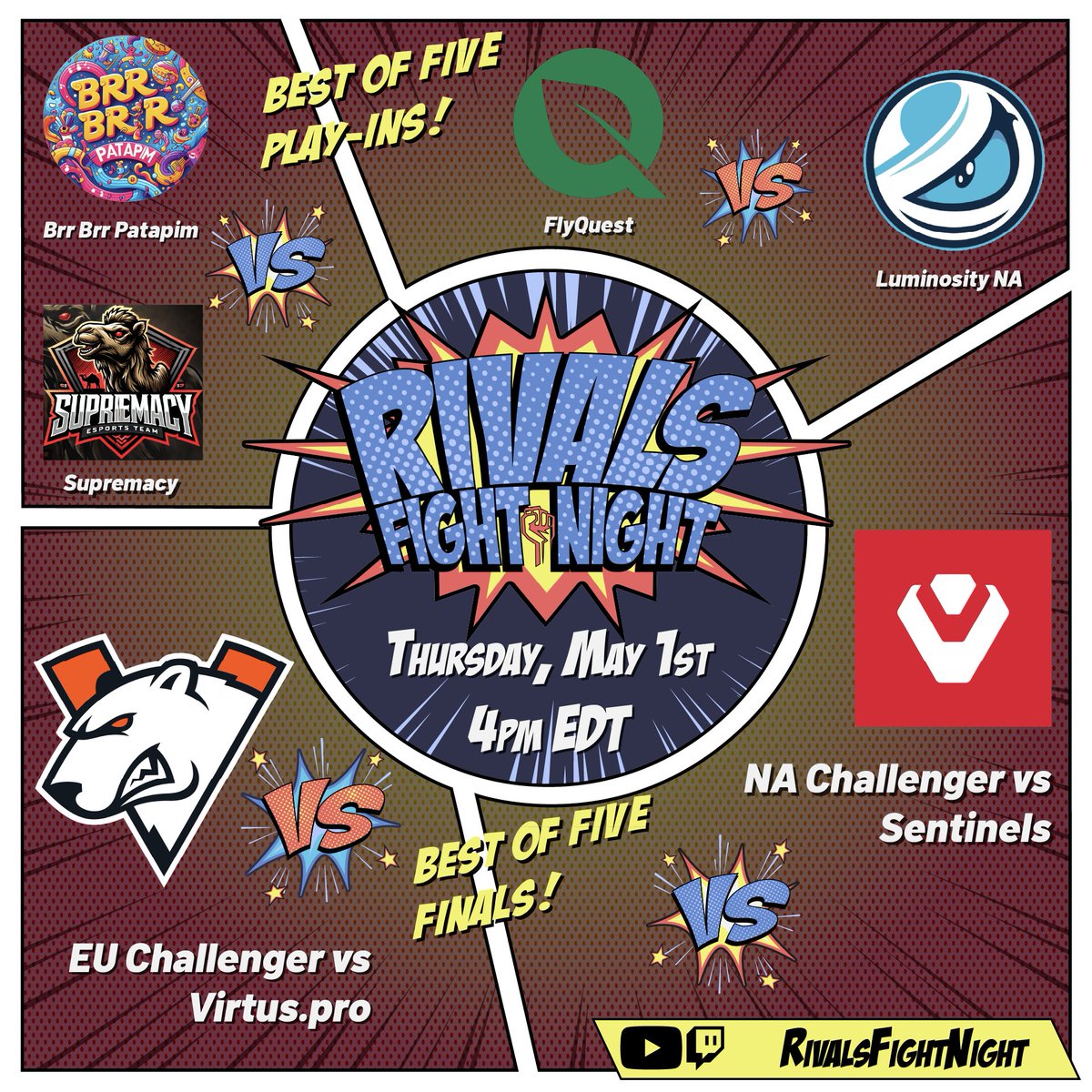 Rivals Fight Night (@rivalsrfn) on Twitter photo Rivals Fight Night #9 Lineup:
Brr Brr Patapim v Supremacy | vs <a href="/virtuspro__MR/">Virtus.pro Marvel Rivals</a>
<a href="/FlyQuestRivals/">FlyQuest Rivals</a> v <a href="/Luminosity/">Luminosity Gaming</a> NA | vs <a href="/SENRivals/">Sentinels Rivals</a> Rivals Fight Night #9 Lineup:
Brr Brr Patapim v Supremacy | vs <a href="/virtuspro__MR/">Virtus.pro Marvel Rivals</a>
<a href="/FlyQuestRivals/">FlyQuest Rivals</a> v <a href="/Luminosity/">Luminosity Gaming</a> NA | vs <a href="/SENRivals/">Sentinels Rivals</a>