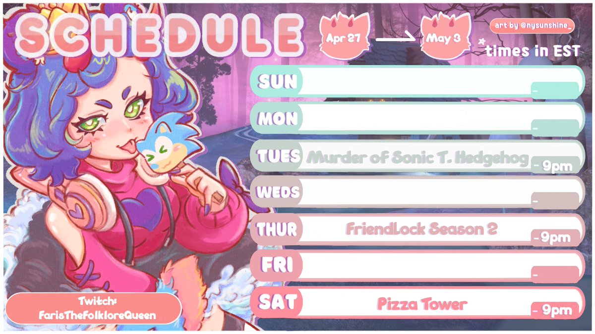 Hello Myths, Monsters, Folklore and Legends!

Time for spring time fun!

Tuesday at 9pm EST me and my pals talk Latinas in Murder of Sonic!

Thursday at 9pm EST we fight pirates in friendlocke!

Saturday 9pm EST we love chickens in Pizza Tower!

(art by the amazing @/nysunshine_)