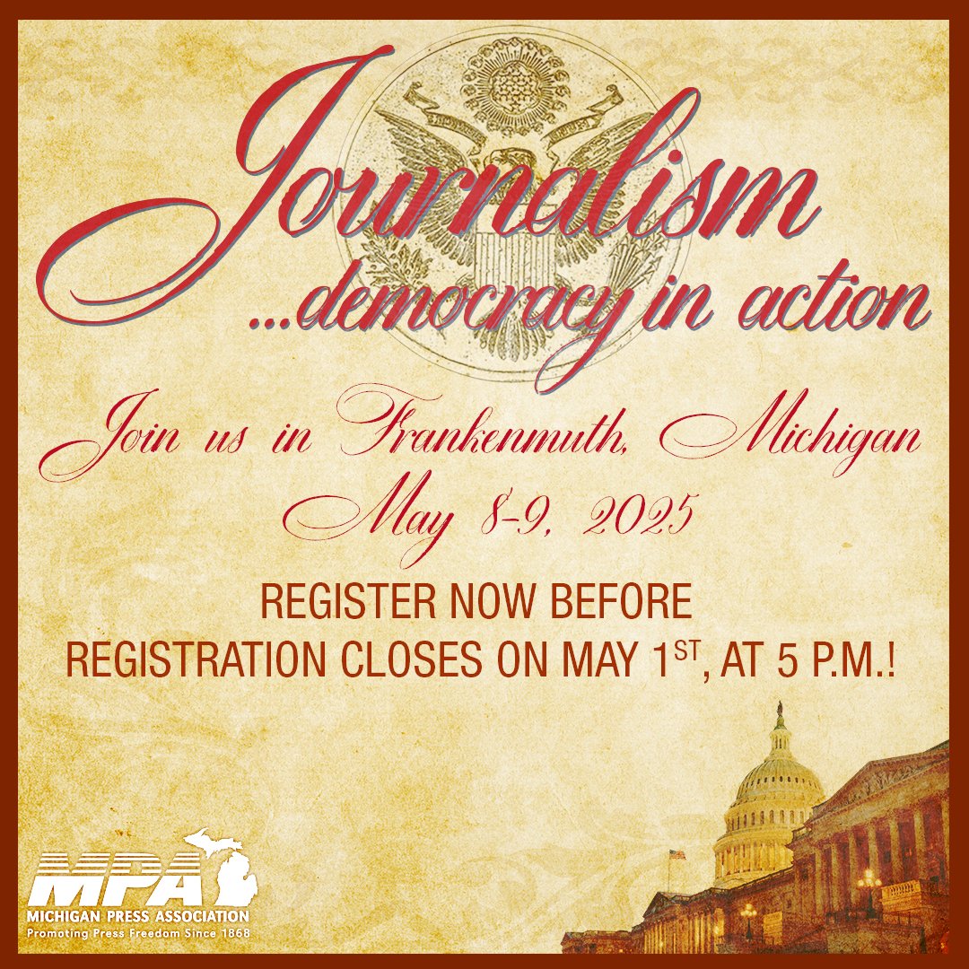MichiganPress's tweet image. Celebrate the best of the best in Michigan journalism!
Join us at the 2025 MPA Convention in Frankenmuth, Michigan, on May 8-9.
One of the most anticipated events at the Convention will be the presentation of awards at the Thursday night dinner.
lp.constantcontactpages.com/ev/reg/f3gw9dj