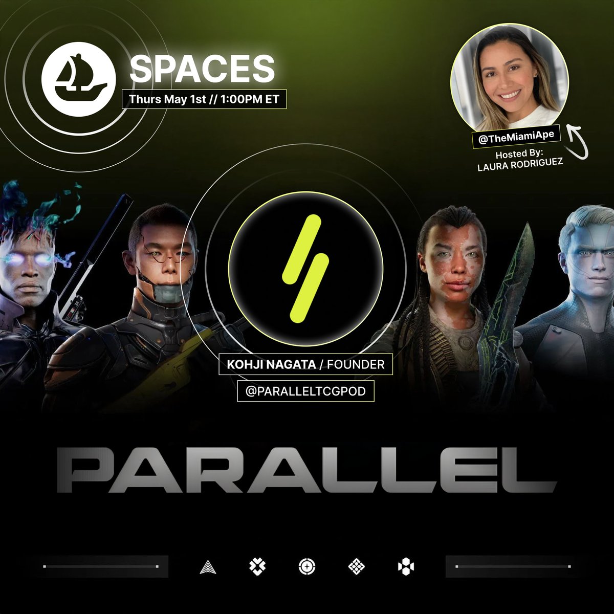 OpenSea (@opensea) on Twitter photo //
Join <a href="/TheMiamiApe/">Laura Rodriguez🌴</a> on Thursday (5/1) at 1pm ET as she interviews <a href="/ParallelTCGpod/">Kohji Nagata // Parallel Founder // Mr. Gone</a> on Spaces — covering everything from <a href="/Parallel/">Parallel</a> worldbuilding and card art to game strategies and AI.
(Spaces link below) //
Join <a href="/TheMiamiApe/">Laura Rodriguez🌴</a> on Thursday (5/1) at 1pm ET as she interviews <a href="/ParallelTCGpod/">Kohji Nagata // Parallel Founder // Mr. Gone</a> on Spaces — covering everything from <a href="/Parallel/">Parallel</a> worldbuilding and card art to game strategies and AI.
(Spaces link below)