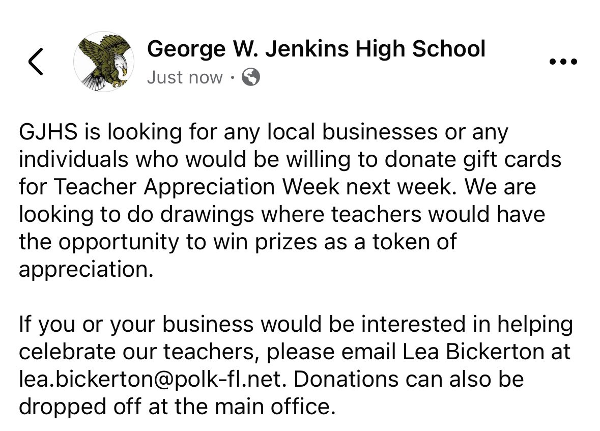 Looking for any local businesses or individuals willing to help us celebrate our teachers!!