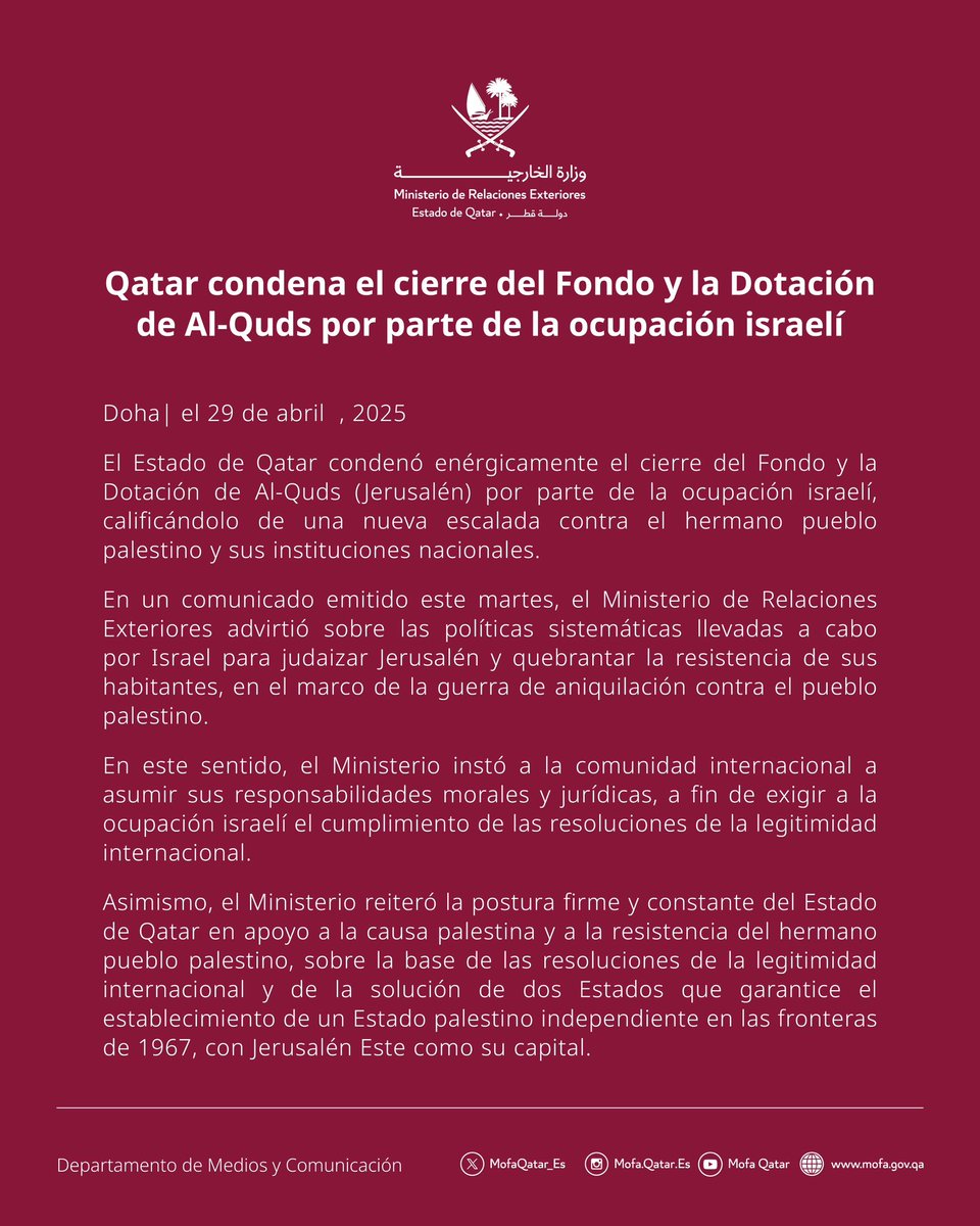 Qatar condena el cierre del Fondo y la Dotación de Al-Quds por parte de la ocupación israelí

#MOFAQatar