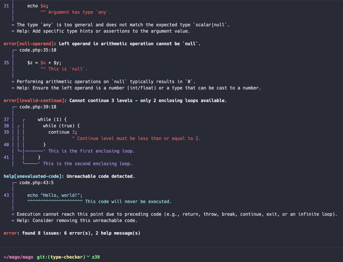 azjezz's tweet image. sneak peek to what&apos;s coming in Mago 👀👀 

#php #rust #typechecking #staticanalysis

github.com/carthage-softw…