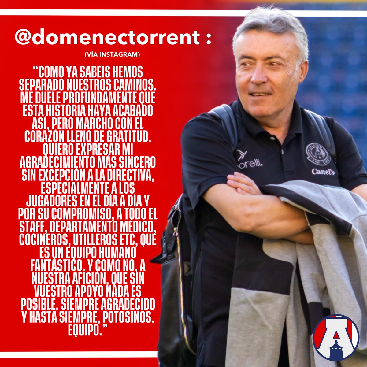🖊️| Así la despedida de Domenéc Torrent en sus redes sociales del Atlético de San Luis 😢
#ADSLNEWS 💪🏻⚽️🇳🇱