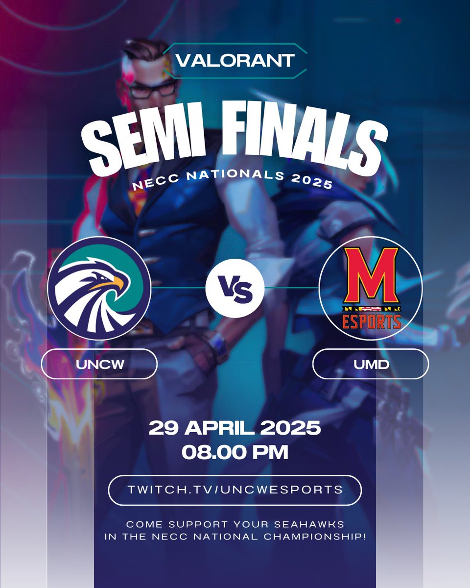 It's time for the semi-finals of the NECC National Championship!!!! Join us tonight at 8pm EST where our UNCW Seahawks take on the University of Maryland Terps Academy! The match will be streamed on twitch.tv/uncwesports so be sure to show your support for UNCW! #VALORANT