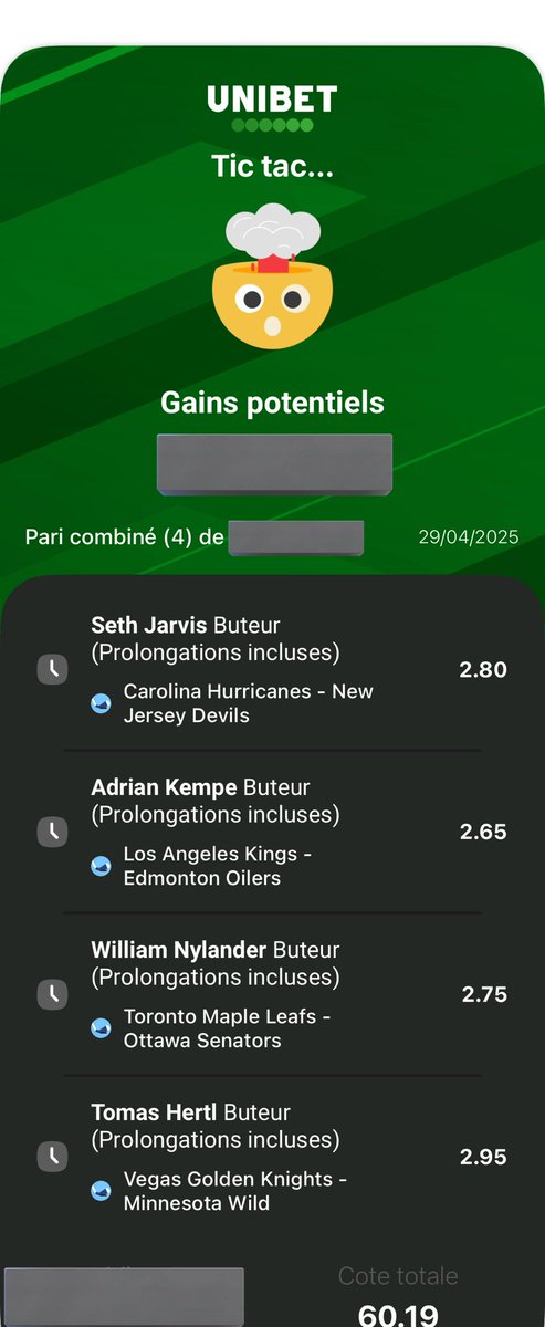 iiiicemaaaaaaan's tweet photo. #NHLPlayoffs 🏒🇺🇸🇨🇦

⌚️ 01h00

▫️Combo 4 buteurs 49,88 (les confiances)

▫️Combo 4 buteurs 77,64

▫️Combo 4 buteurs 60,19

▫️Combo 4 buteurs 119,29

Doucement sur les mises les amies 🤗

❤️ &amp; RT si tu suis !

#TeamParieur #StanleyCupPlayoffs #NHL #Playoffs #StanleyCup #HockeyBet https://t.co/VpULiBHEXI