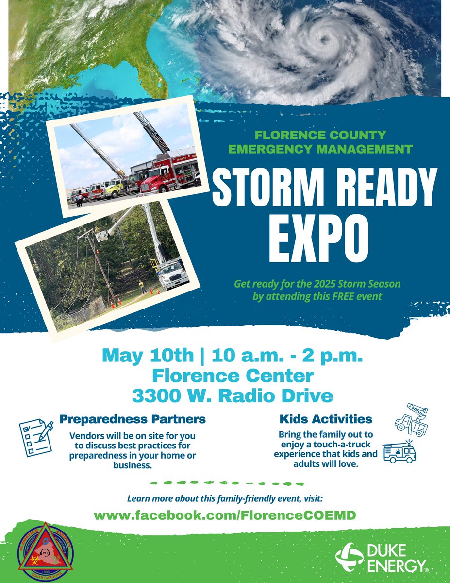 Come join <a href="/DukeEnergy/">Duke Energy</a> and <a href="/FlorenceCoEMD/">FCEMD</a> at the 2025 Storm Ready Expo on Saturday, May 10. Details below. Learn how to be prepared for weather-related events and there will be fun things for the kiddos to do, like a Touch-A-Truck event.