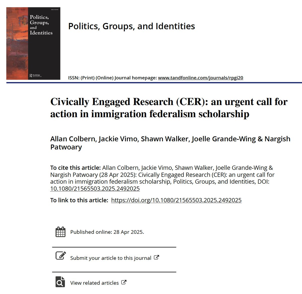 My article with Allan Colbern and Shawn Walker on the urgent need for Civically Engaged Research (CER) in immigration scholarship was just published!

Check it out here:
tandfonline.com/eprint/EC7GCUS…