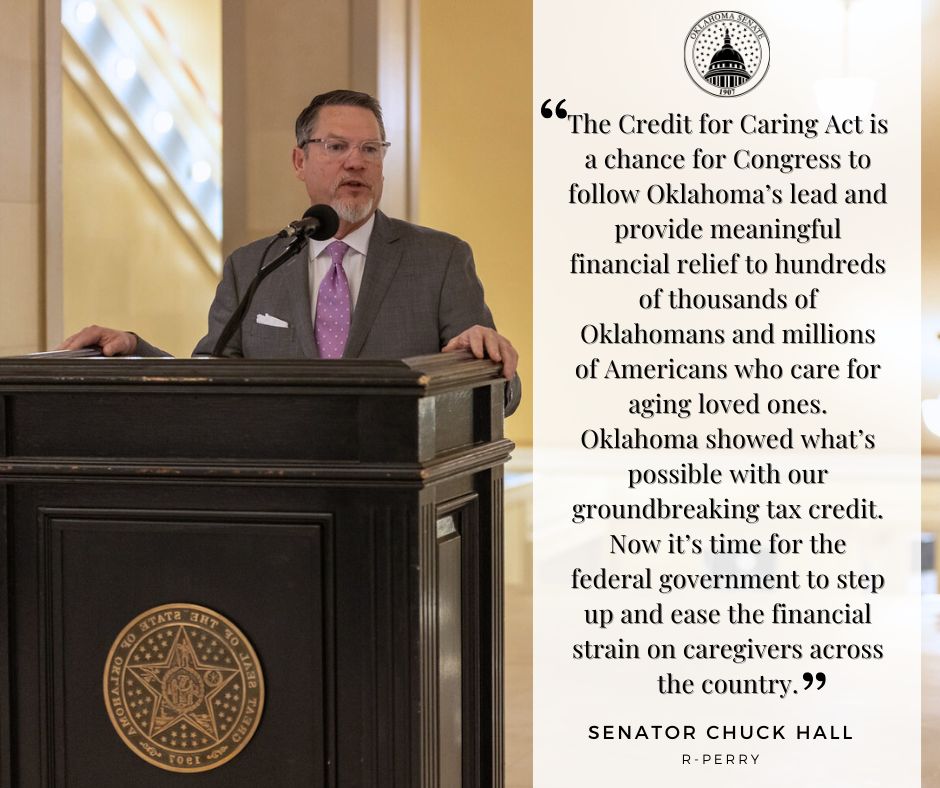 The Oklahoma Senate, led by Sen. Chuck Hall, urged Oklahoma’s congressional delegation to support legislation that would create a federal tax credit for family caregivers.

Read more: bit.ly/434Ul2m