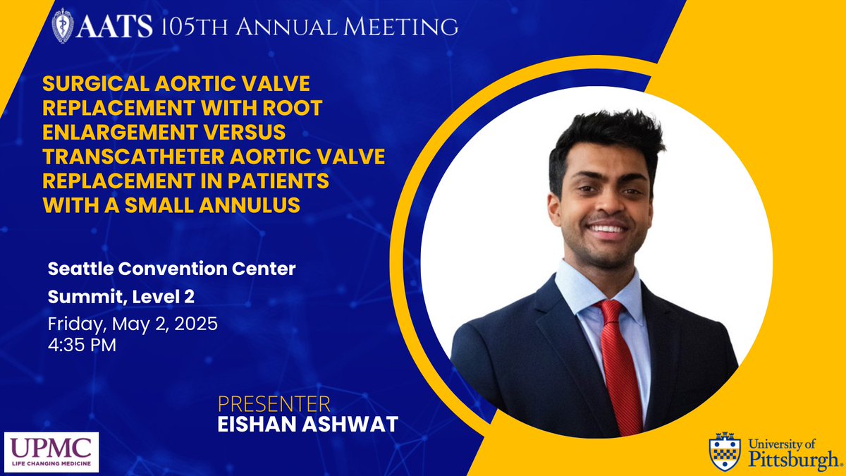 Pitt Cardiothoracic Surgery Department (@upmc_ctsurgery) on Twitter photo Surgical aortic valve replacement with root enlargement vs transcatheter aortic valve replacement in patients with a small annulus, presented by <a href="/EishanAshwat/">Eishan Ashwat</a> at #AATS2025
Seattle Convention Center | Summit, Level 2
Friday 5/2/25 @ 4:35pm
<a href="/AATSHQ/">AATS</a> <a href="/HviUpmc/">UPMC Heart and Vascular Institute</a> <a href="/UPMCPhysicianEd/">UPMC Physician Resources</a> Surgical aortic valve replacement with root enlargement vs transcatheter aortic valve replacement in patients with a small annulus, presented by <a href="/EishanAshwat/">Eishan Ashwat</a> at #AATS2025
Seattle Convention Center | Summit, Level 2
Friday 5/2/25 @ 4:35pm
<a href="/AATSHQ/">AATS</a> <a href="/HviUpmc/">UPMC Heart and Vascular Institute</a> <a href="/UPMCPhysicianEd/">UPMC Physician Resources</a>