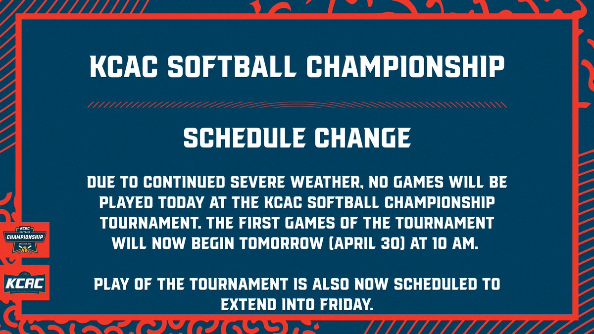 UPDATE: Due to continued severe weather, no games will be played today at the KCAC Softball Championship tournament. The first games of the tournament will now begin tomorrow (April 30) at 10 AM. #KCACsb

Play of the tournament is also now scheduled to extend into Friday.

<a href="/NAIA/">NAIA</a>