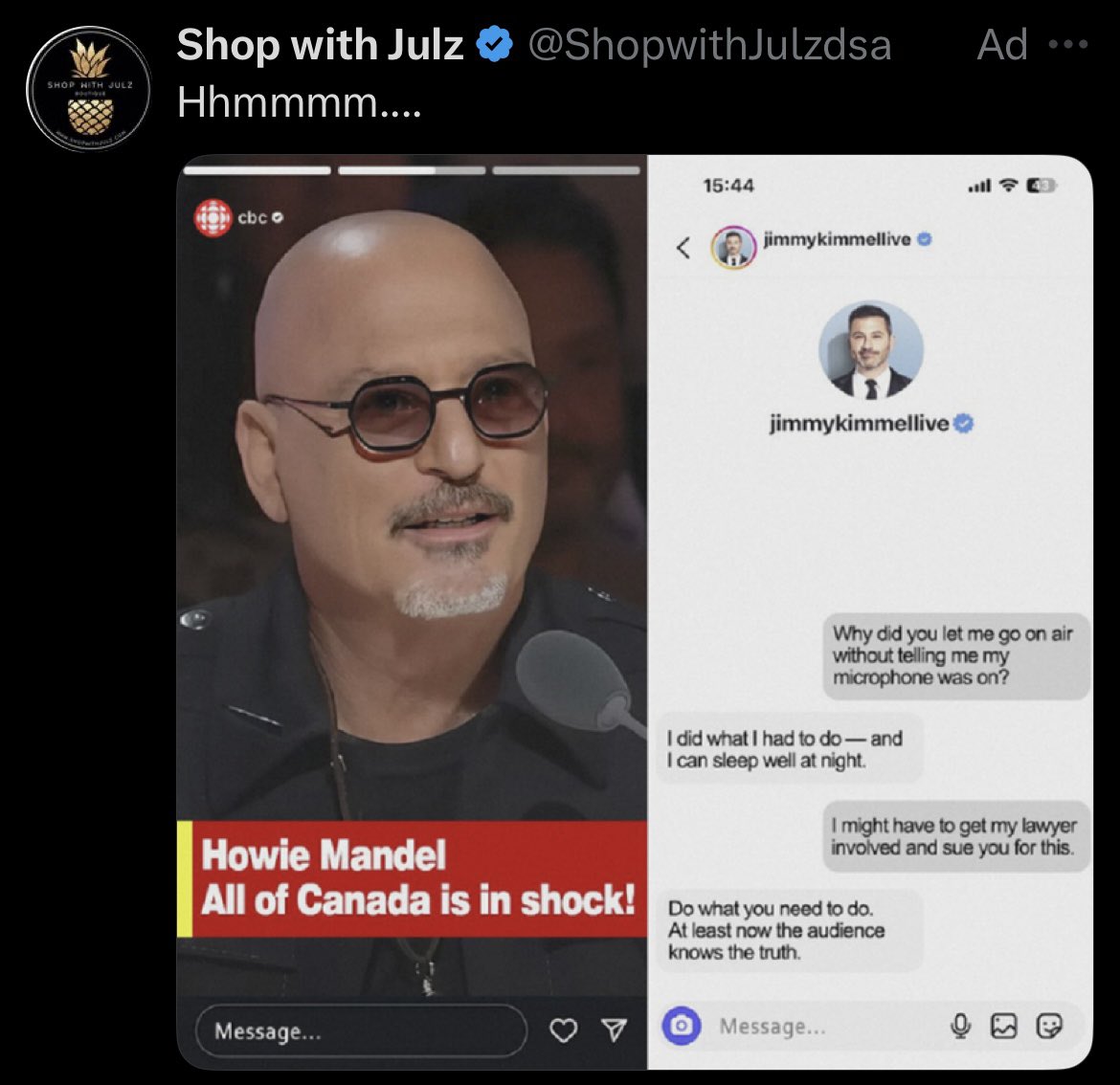 How come every ad I get on this app is anti-Howie Mandel? I’m telling you, literally every single ad is about Howie Mandel. I’m seeing fifty of these a day! lol.